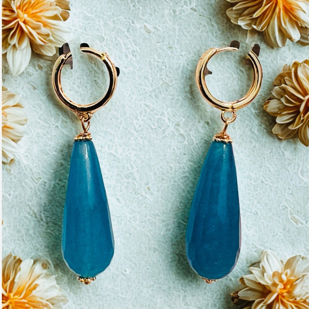 Elegant Teal Agate Stone and Gold Hoop Earrings